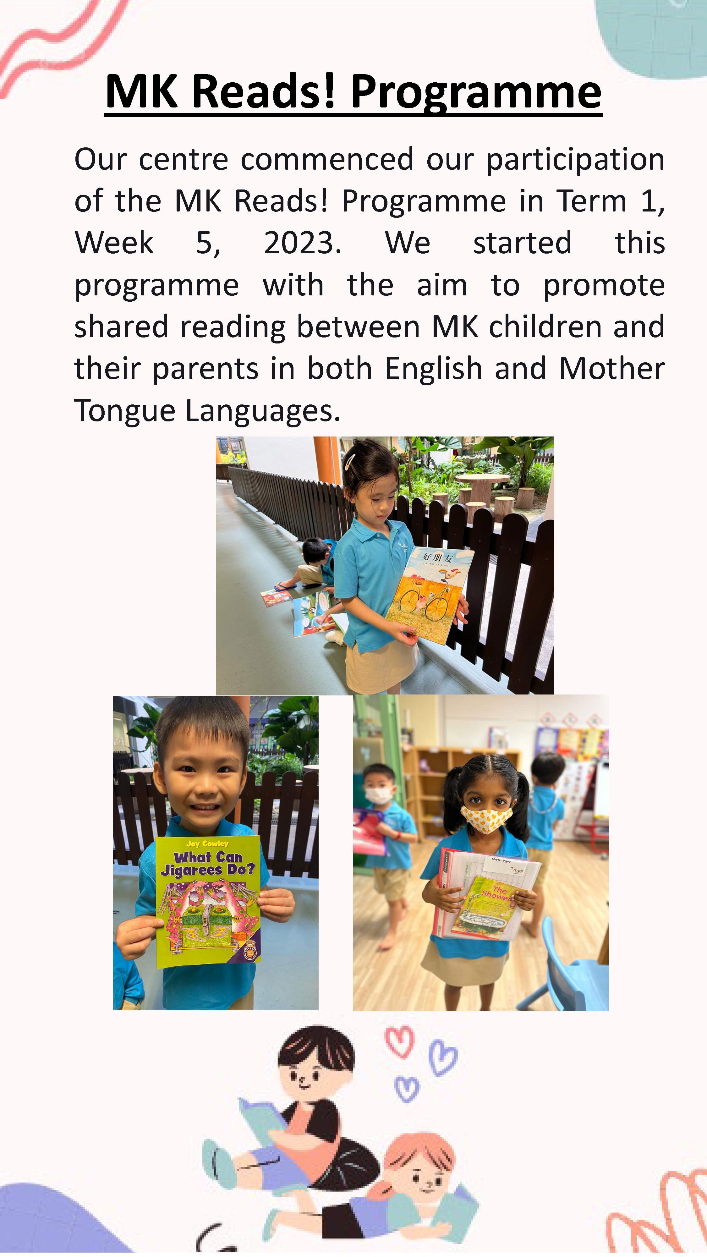Children borrow and share English and Mother Tongue books, promoting reading habits and family learning through the MK Reads! Programme.